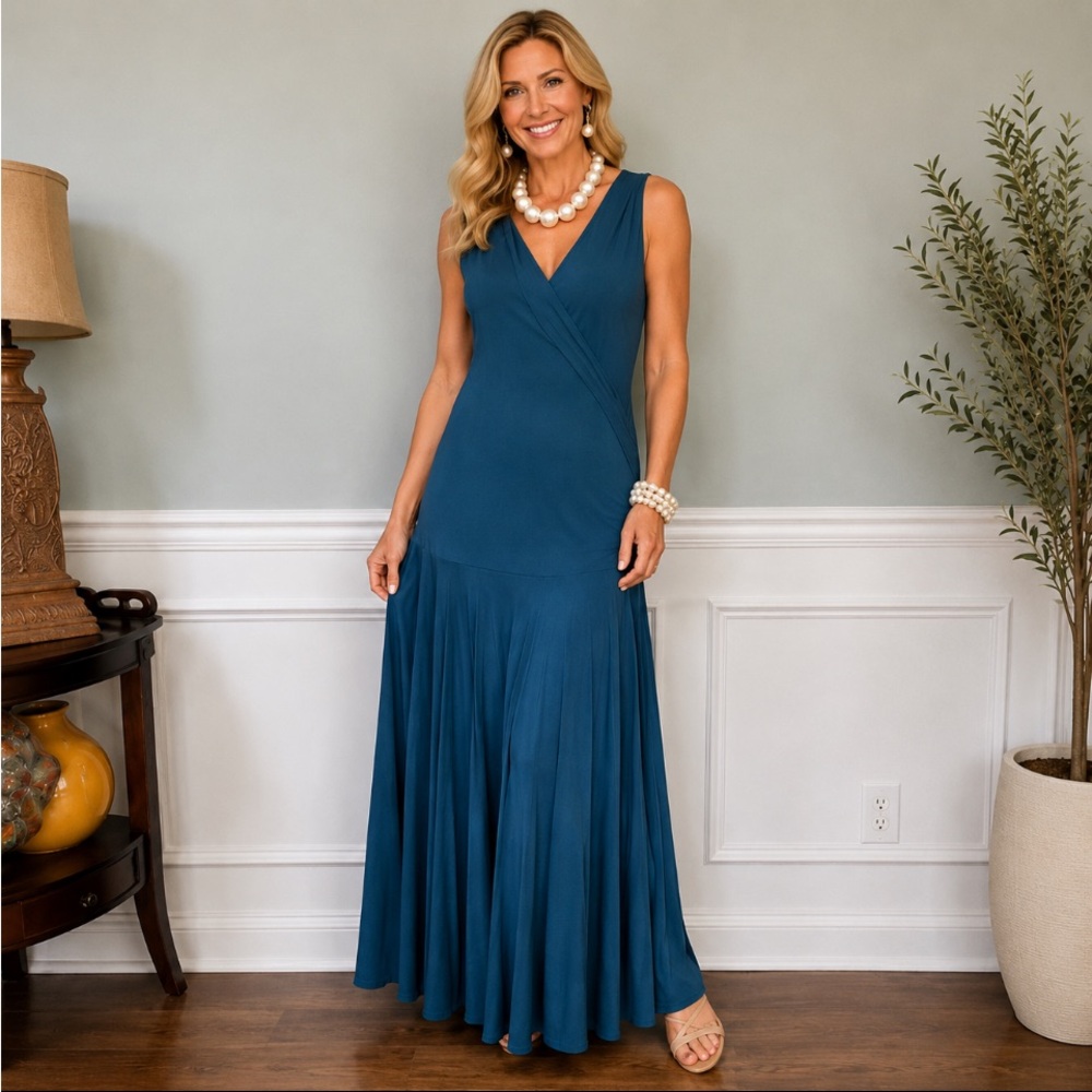 GEORGIOU STUDIO Teal Sleeveless V-Neck Maxi Dress SIZE XL